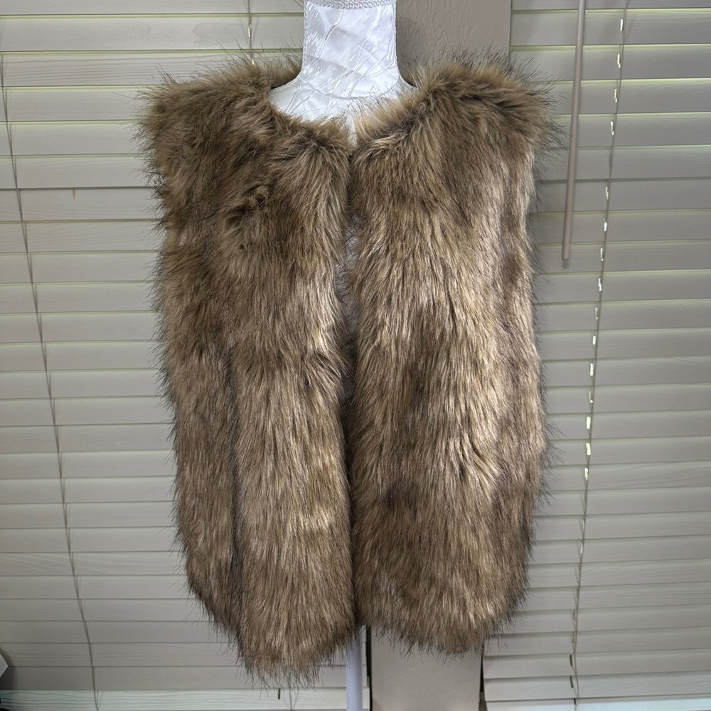 Tanming Faux Fur Vest Women XL Brown Shaggy Open Front Sleeveless Glam Boho